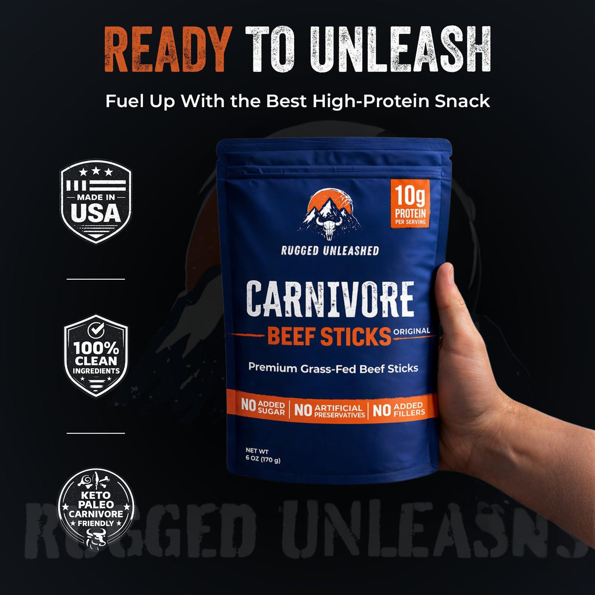 Rugged Unleashed USA-made beef sticks with clean ingredients for daily fueling