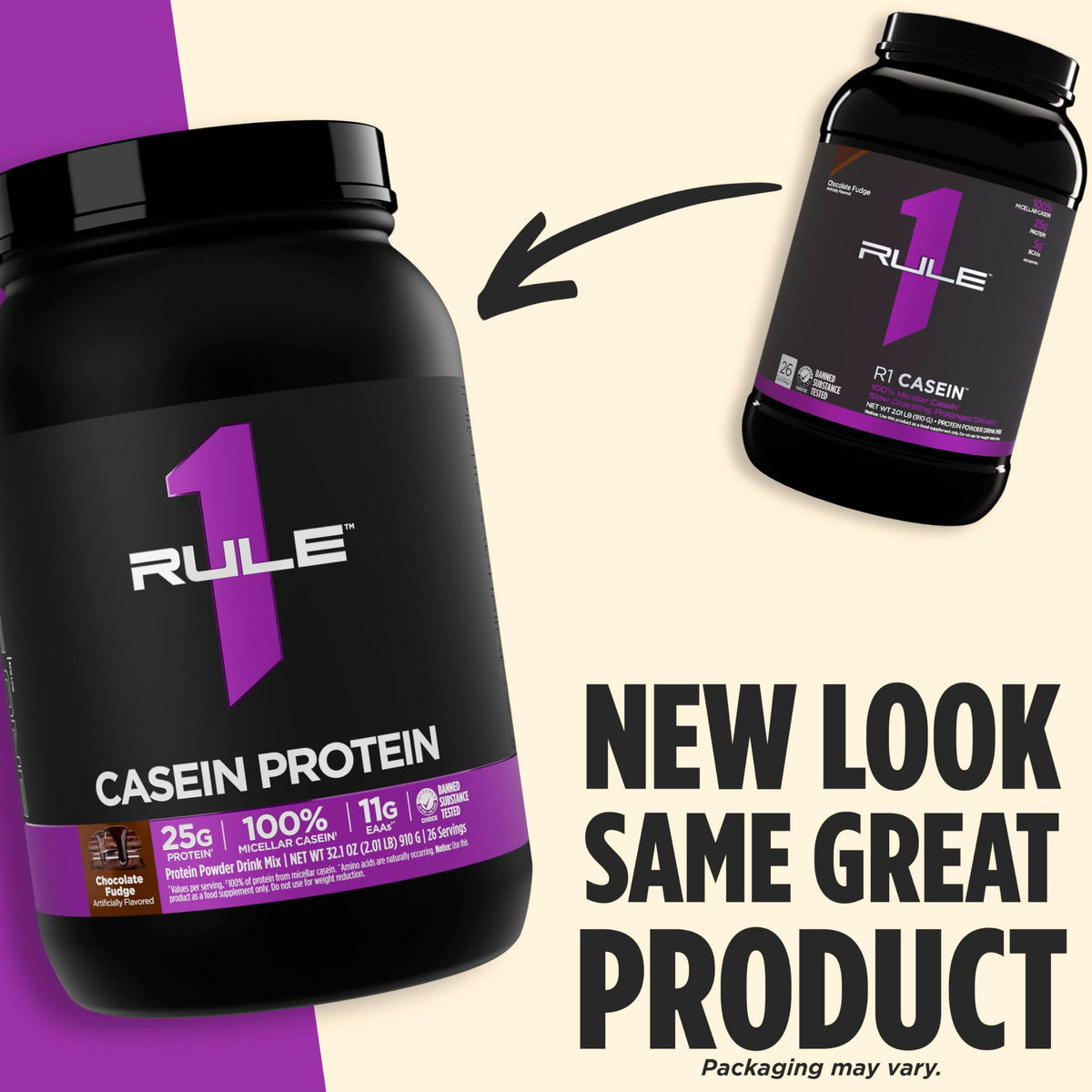 Rule 1 Proteins Casein label close-up highlighting quality and clean sourcing