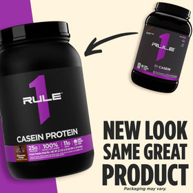 Rule 1 Proteins Casein label close-up highlighting quality and clean sourcing