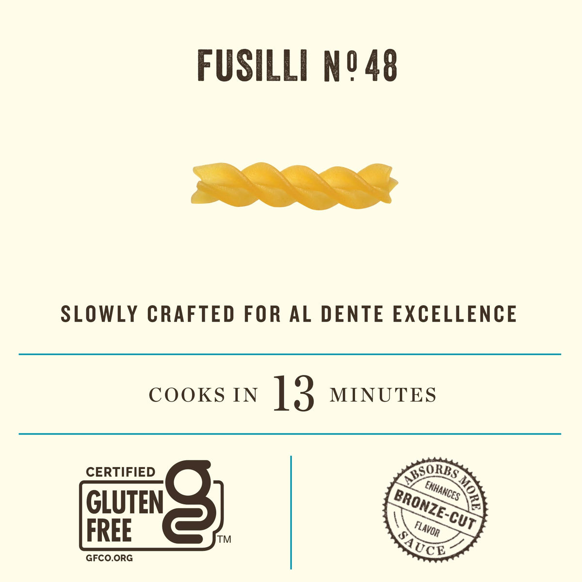 Rummo gluten-free fusilli 48 cooked pasta swirls ready for sauce.