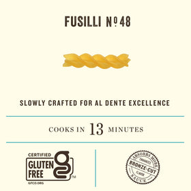 Rummo gluten-free fusilli 48 cooked pasta swirls ready for sauce.