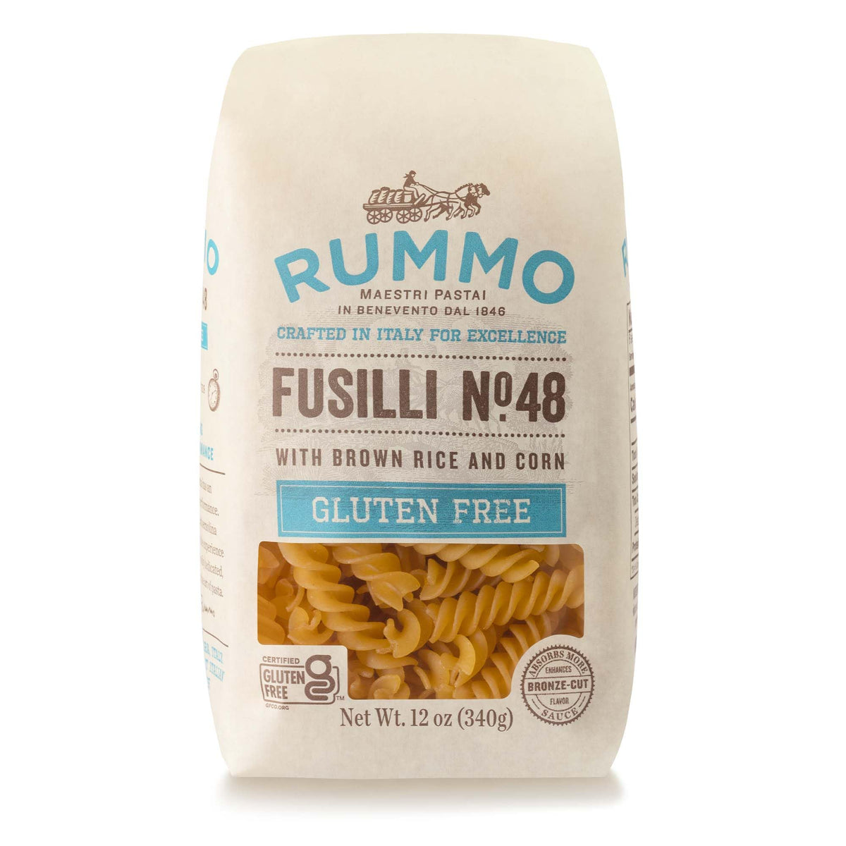 Rummo gluten-free fusilli 48 pack front shows convenient gluten-free pasta option.