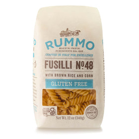 Rummo gluten-free fusilli 48 pack front shows convenient gluten-free pasta option.