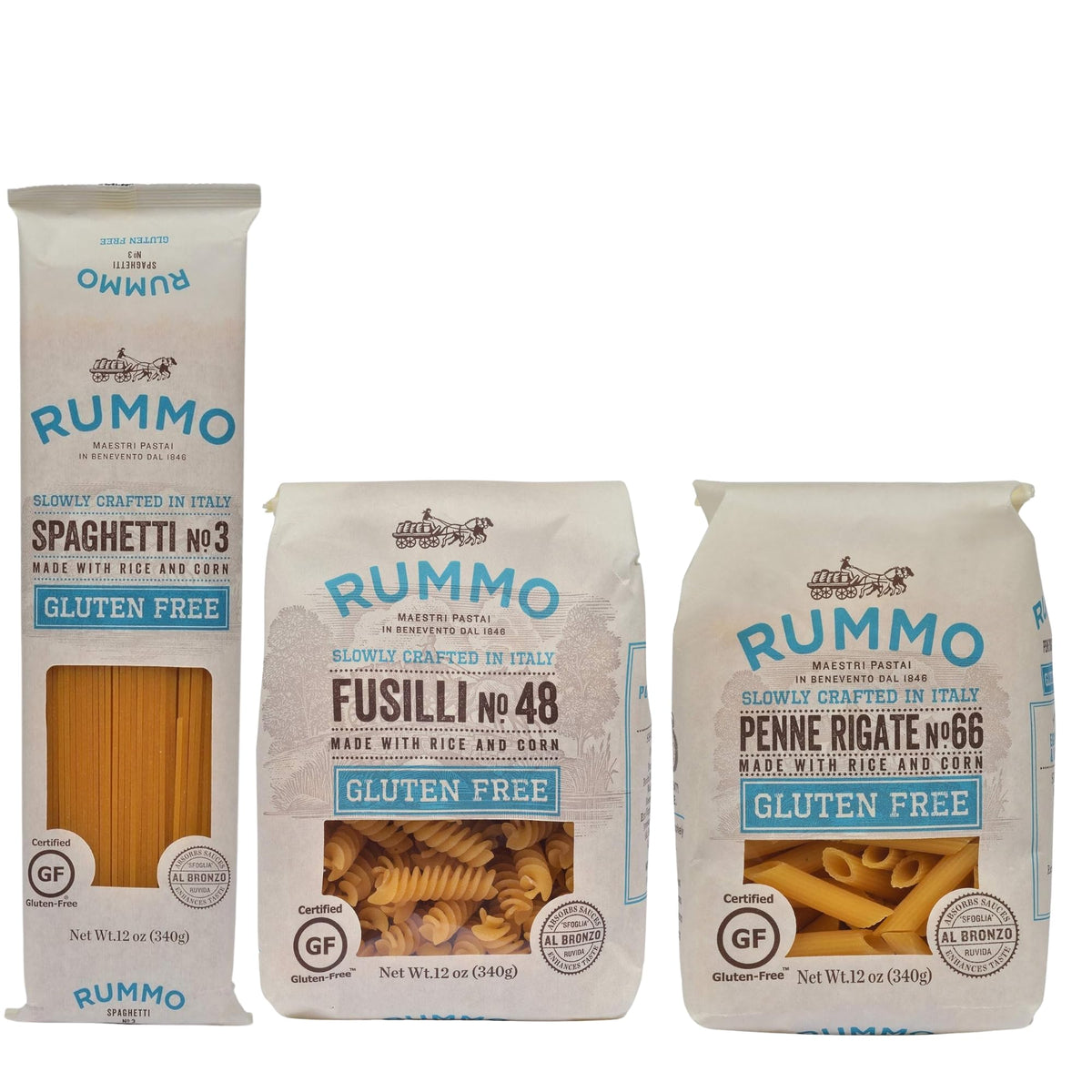 Rummo gluten-free pasta variety pack featuring spaghetti, fusilli, and penne rigate for versatile gluten-free meals
