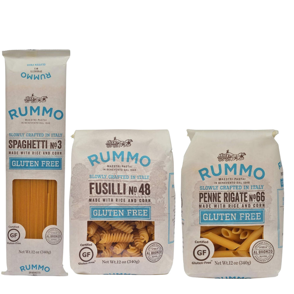 Rummo gluten-free pasta variety pack featuring spaghetti, fusilli, and penne rigate for versatile gluten-free meals