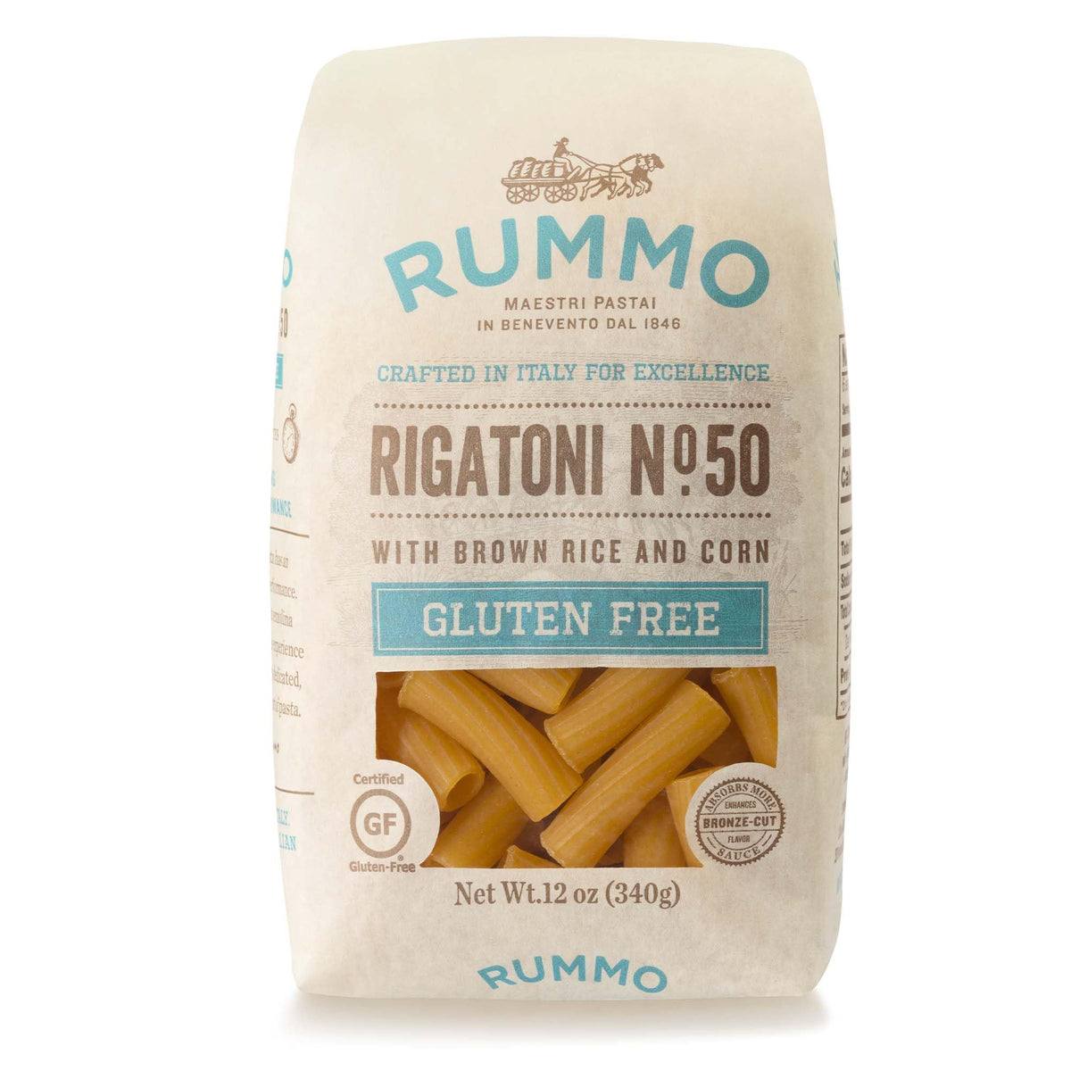 Rummo gluten free rigatoni No.50 in a 12 pack for pantry use