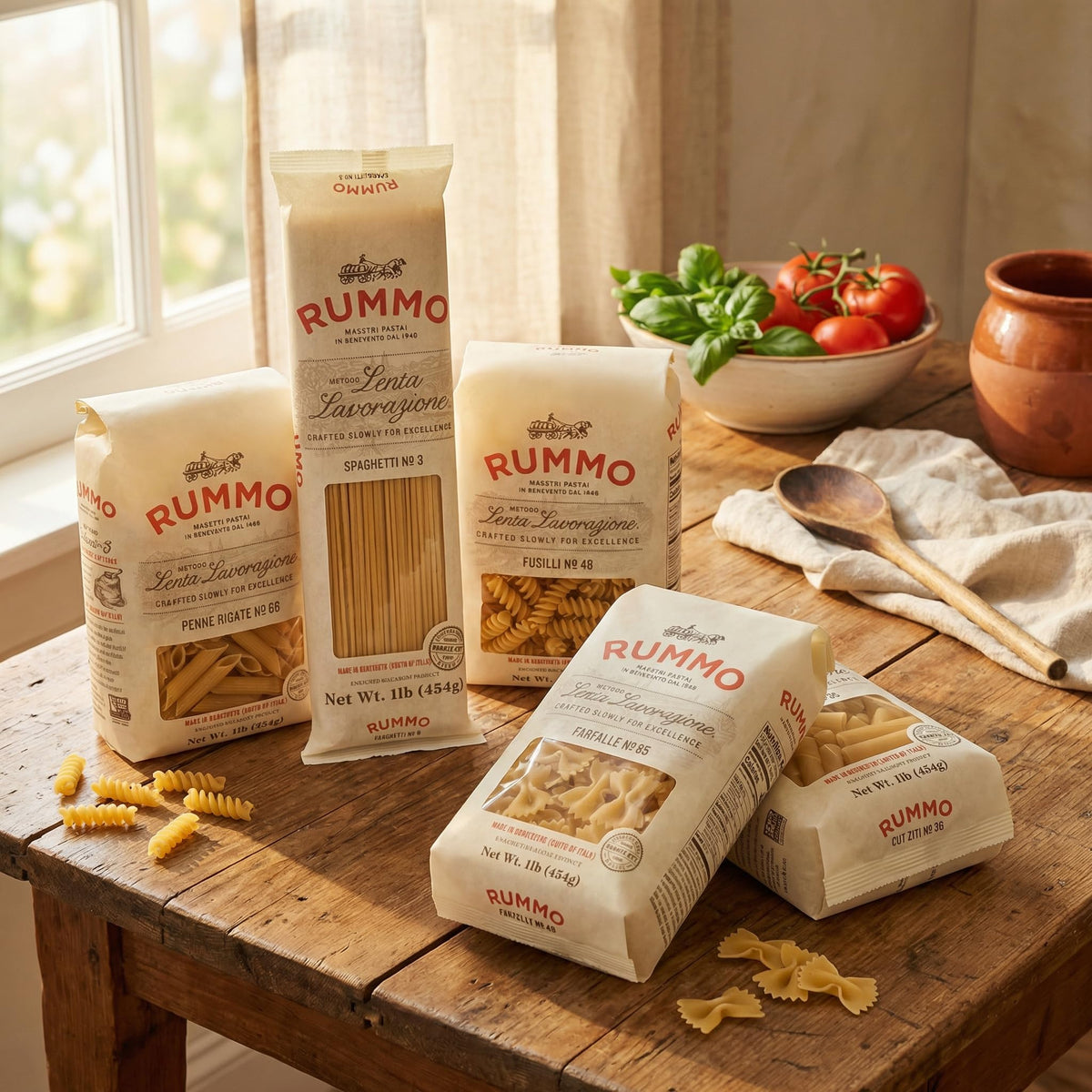 Rummo pasta variety pack fusilli twists; perfect for catching chunky sauces.
