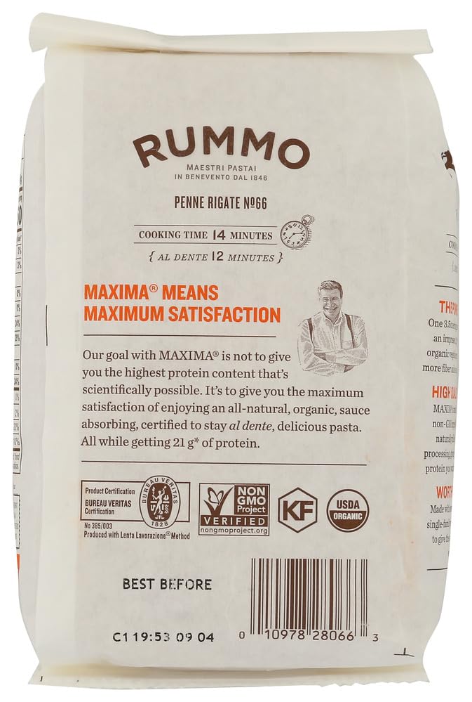 Rummo penne rigate protein organic cooked serving highlights easy weeknight dinners.