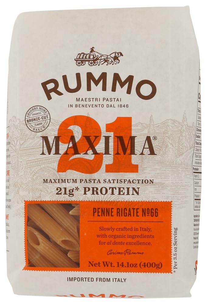 Rummo penne rigate protein organic packaging shows premium ingredients for wholesome meals.