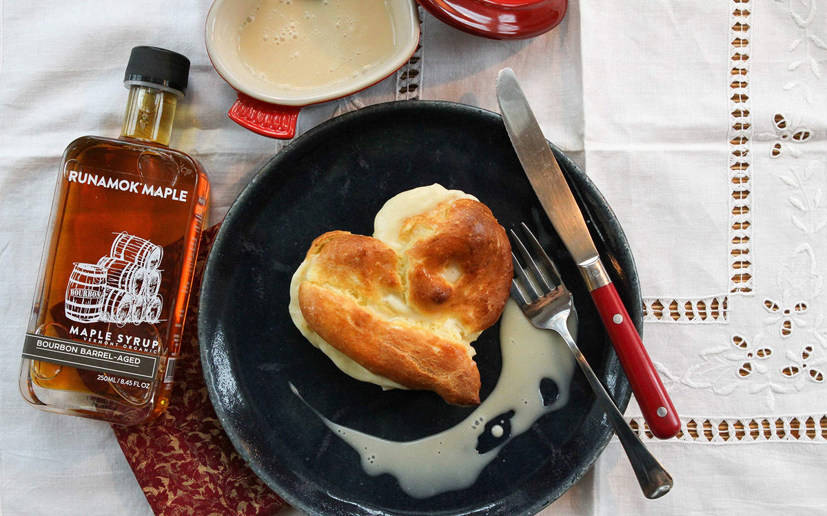Amber glass bottle displays Runamok maple syrup color and quality.