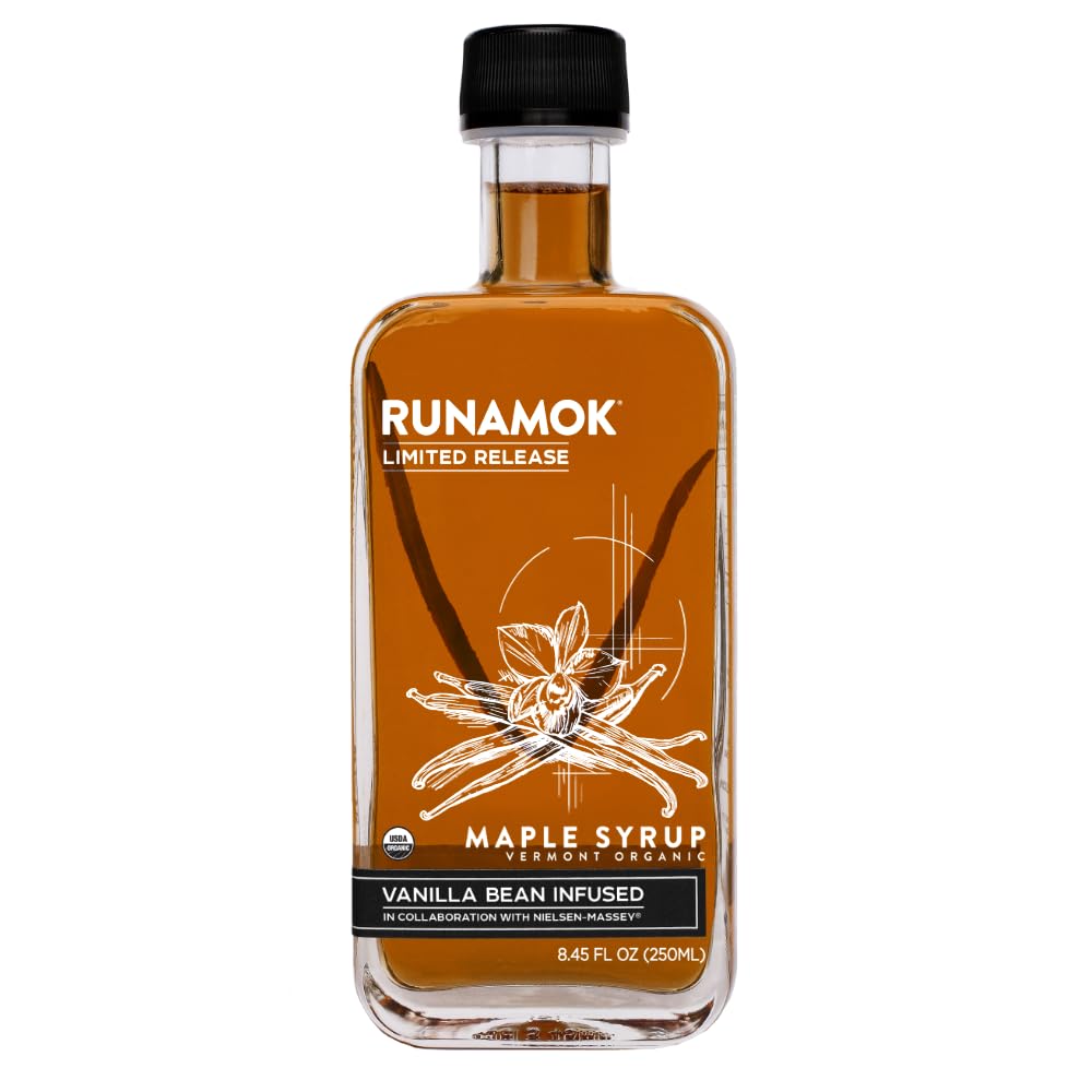 Runamok Maple Vanilla Bean Infused Maple Syrup bottle on kitchen shelf, premium Vermont flavor.