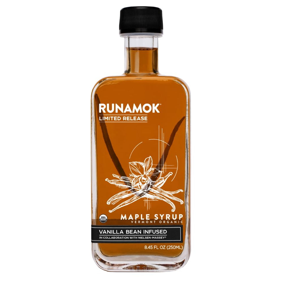Runamok Maple Vanilla Bean Infused Maple Syrup bottle on kitchen shelf, premium Vermont flavor.