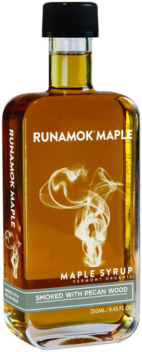 Runamok Pecan Wood Smoked Maple Syrup bottle with amber hue, ideal for savory glazes