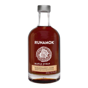 Runamok Sugarmaker's Dark bottle shows rich color and premium Vermont maple sweetness.