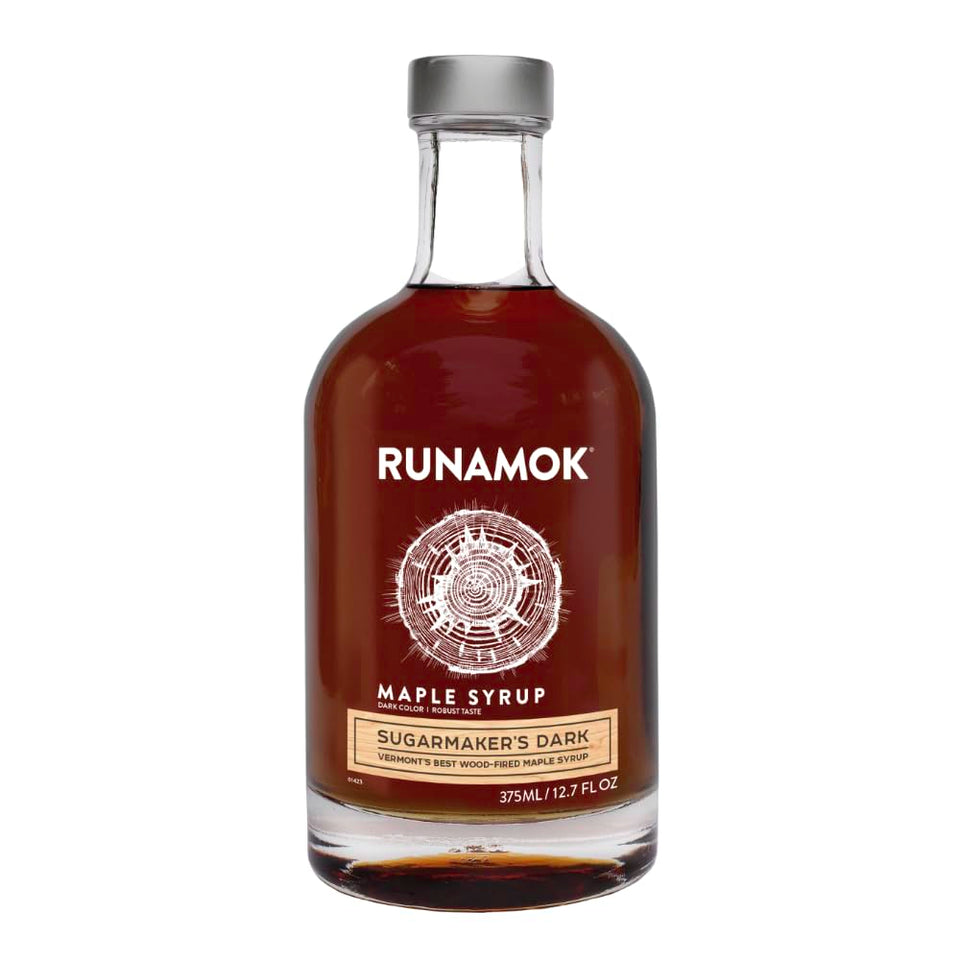 Runamok Sugarmaker's Dark bottle shows rich color and premium Vermont maple sweetness.