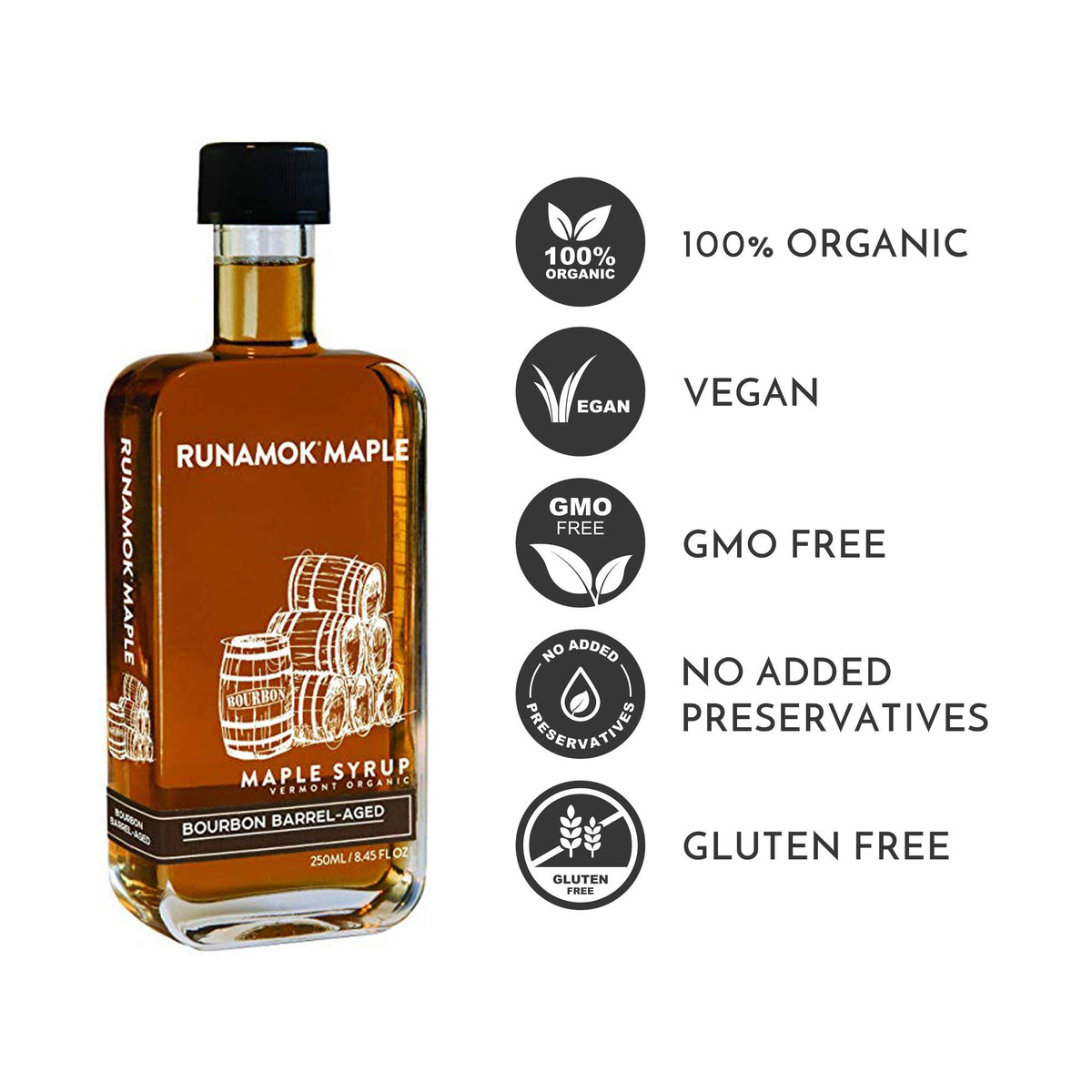 Runamok Vermont Organic Maple Syrup in amber bottle showcasing rich color.