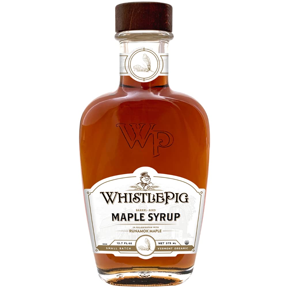 Runamok WhistlePig maple syrup bottle pour for pancakes