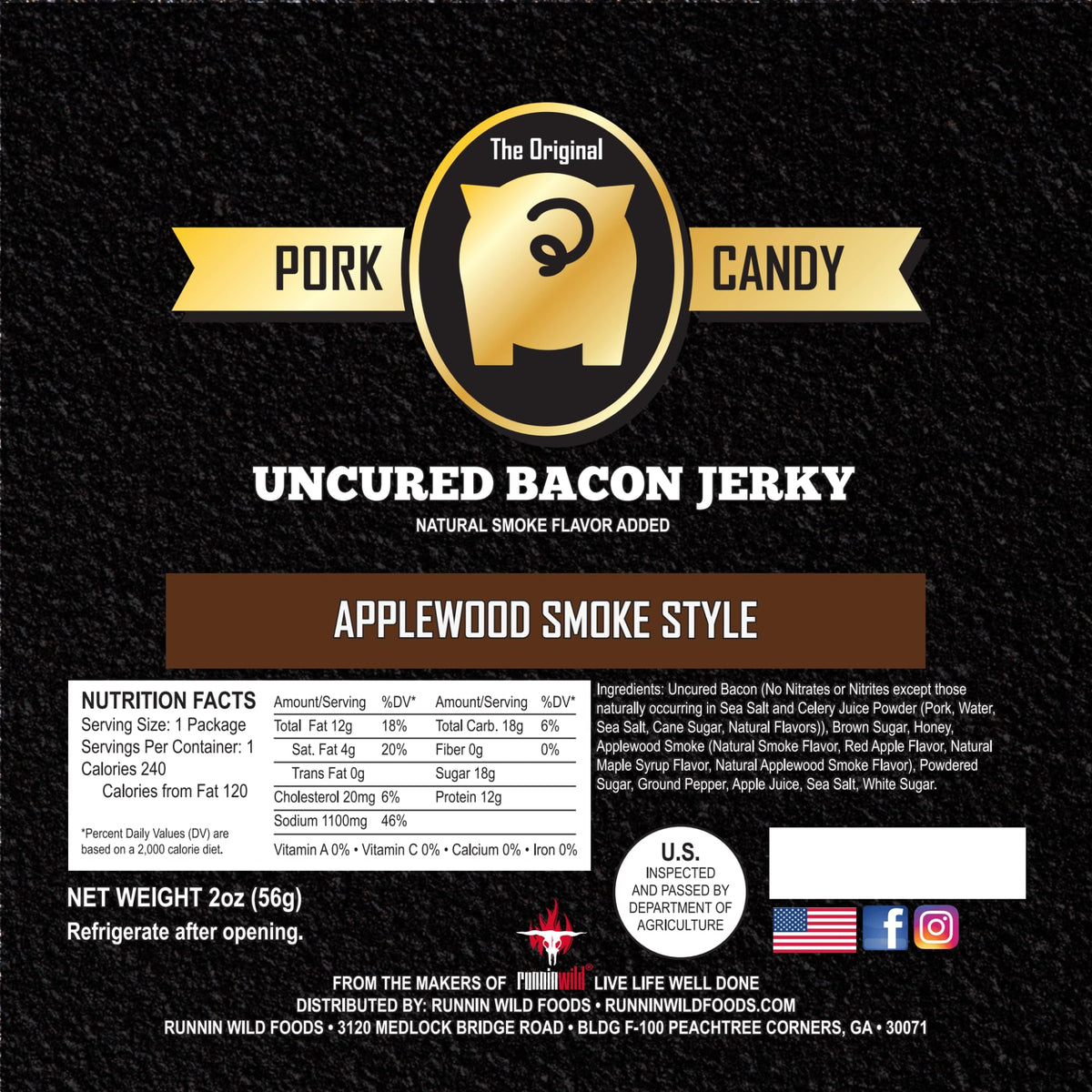 RunninWild Bacon Jerky texture detail emphasizes tenderness and moisture in premium snack.