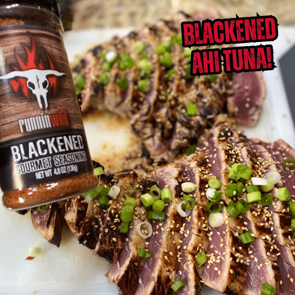RunninWild Blackening seasoning being poured for quick, easy blackened sear.