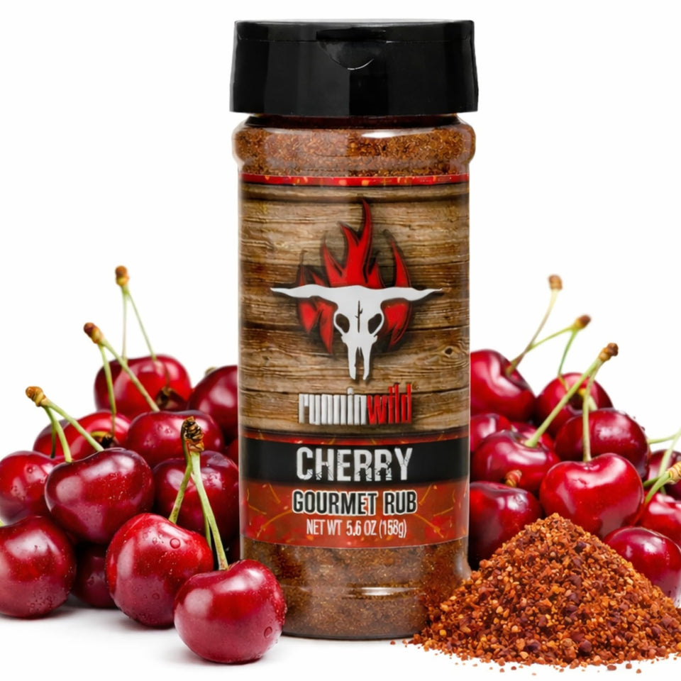 RunninWild Cherry Rub bottle with bold cherry aroma for grilling.