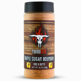 RunninWild maple bourbon rub bottle pour enhances pork with sweet and smoky notes