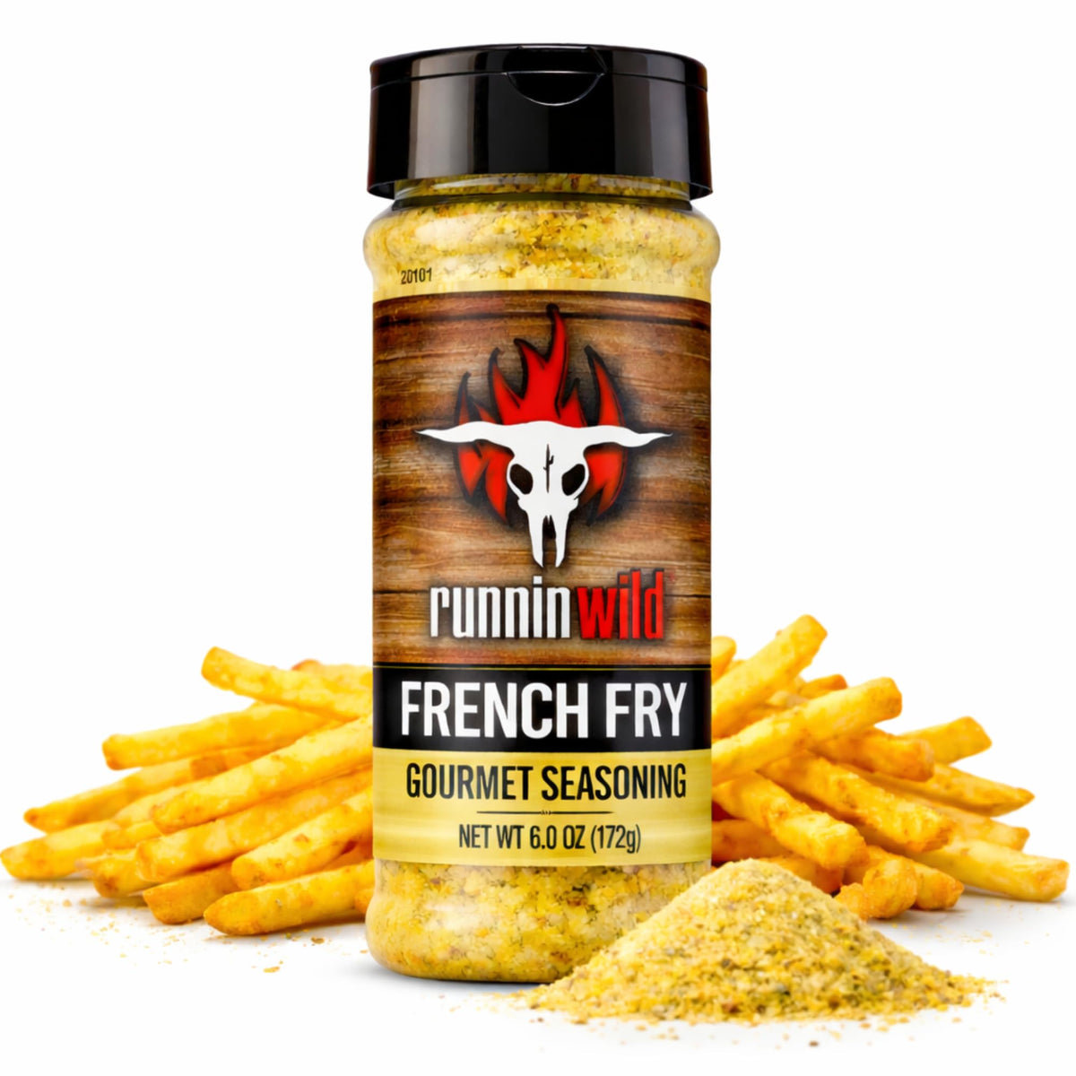 Runnin’ Wild French Fry Seasoning bottle front, signaling bold flavor for crispy potatoes
