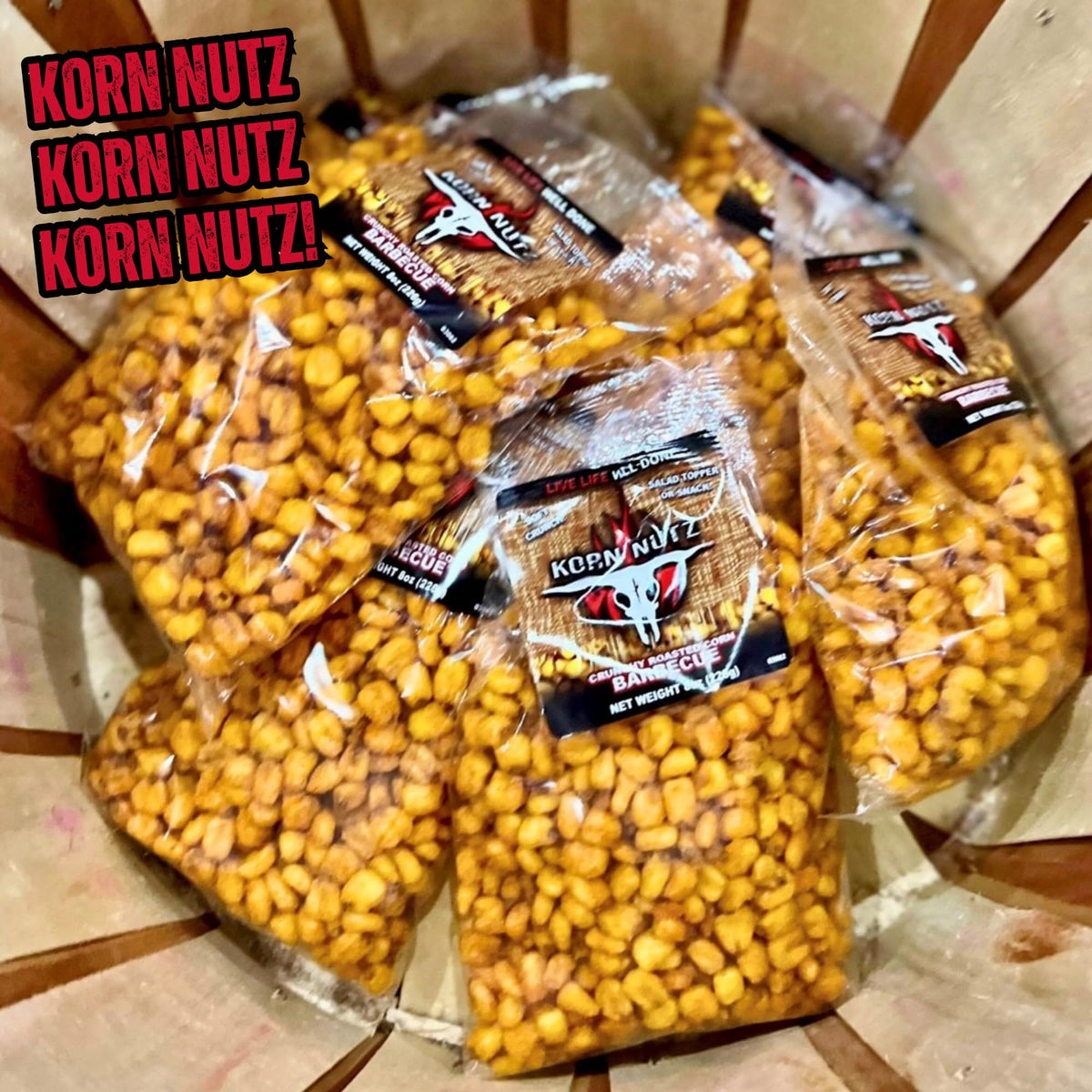 Close-up of RunninWild Korn Nutz showing soft crunch and BBQ coating.