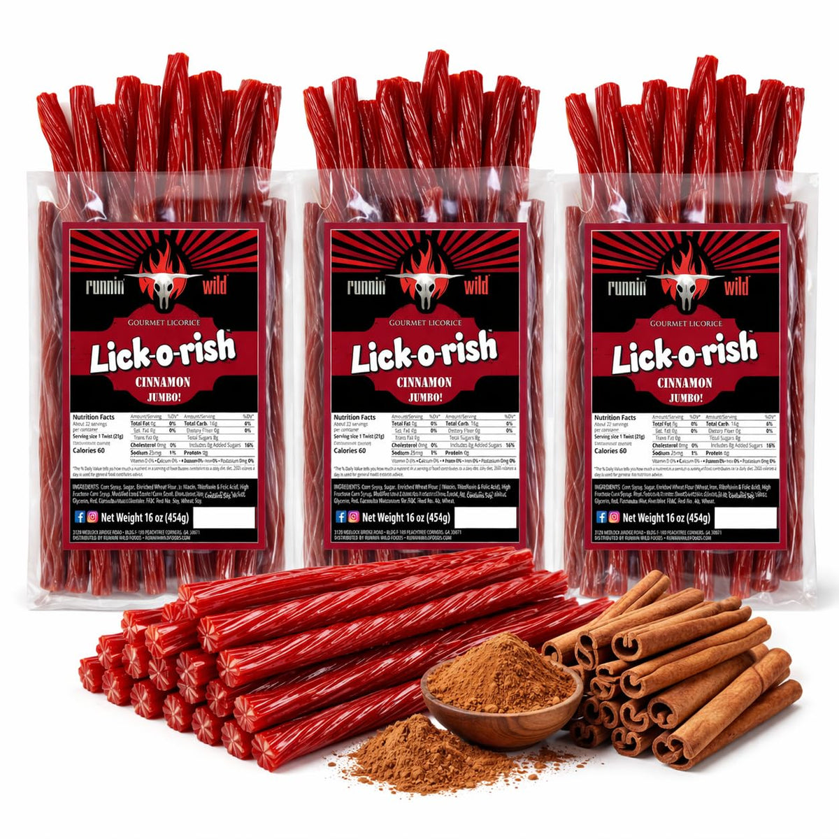 RunninWild Lick-o-Rish cinnamon licorice twists for a bold, chewy flavor experience.