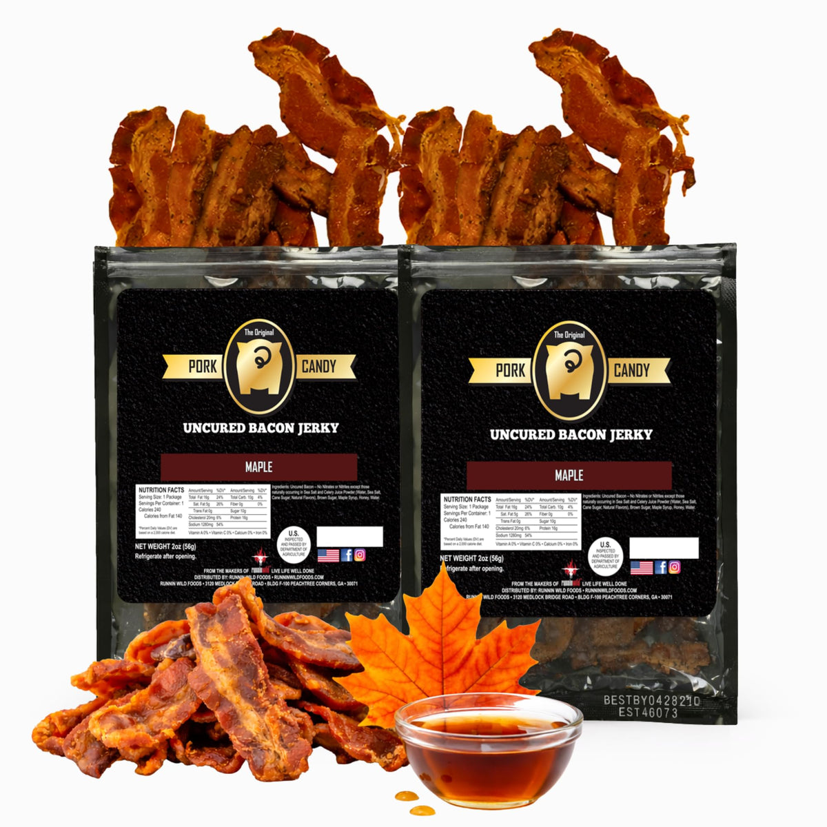 RunninWild maple bacon jerky packaging signals premium snack option