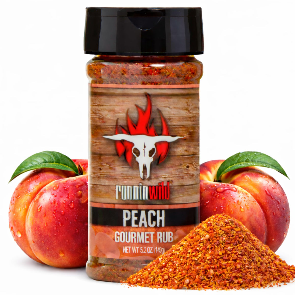 Runnin' Wild Peach Rub bottle for peach-forward grilling flavor