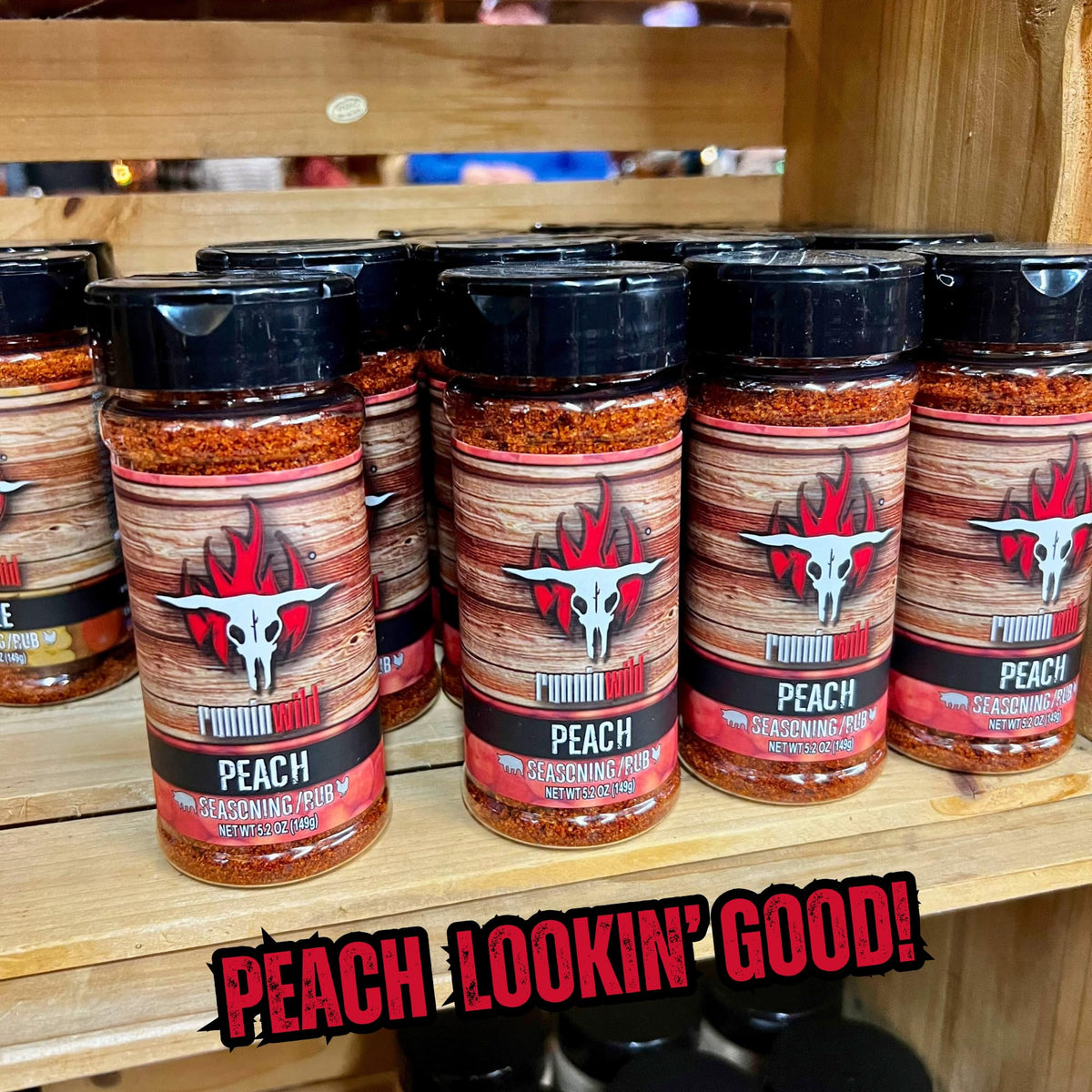 Runnin' Wild Peach Rub ingredients highlighting no fillers or MSG