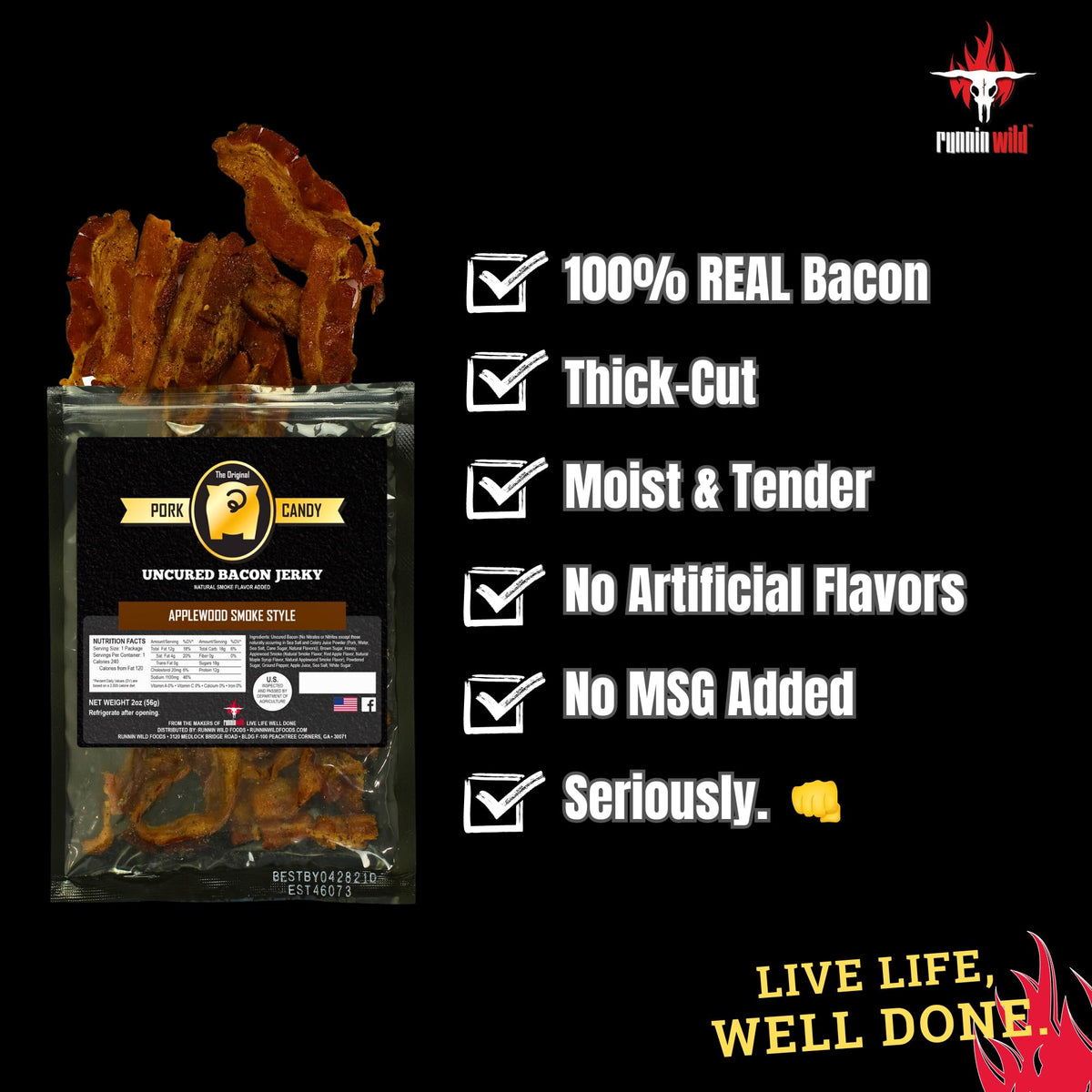 RunninWild Smoked Applewood Bacon Jerky closeup slices show thick-cut texture and juicy chew.