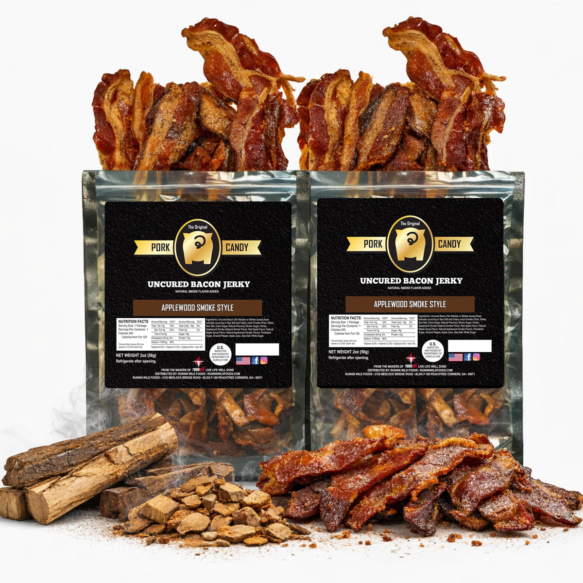 RunninWild Smoked Applewood Bacon Jerky pack shot highlighting bold, savory flavor ready for a snack.