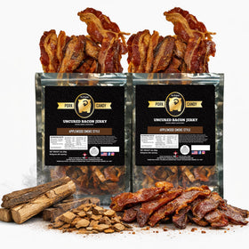 RunninWild Smoked Applewood Bacon Jerky pack shot highlighting bold, savory flavor ready for a snack.