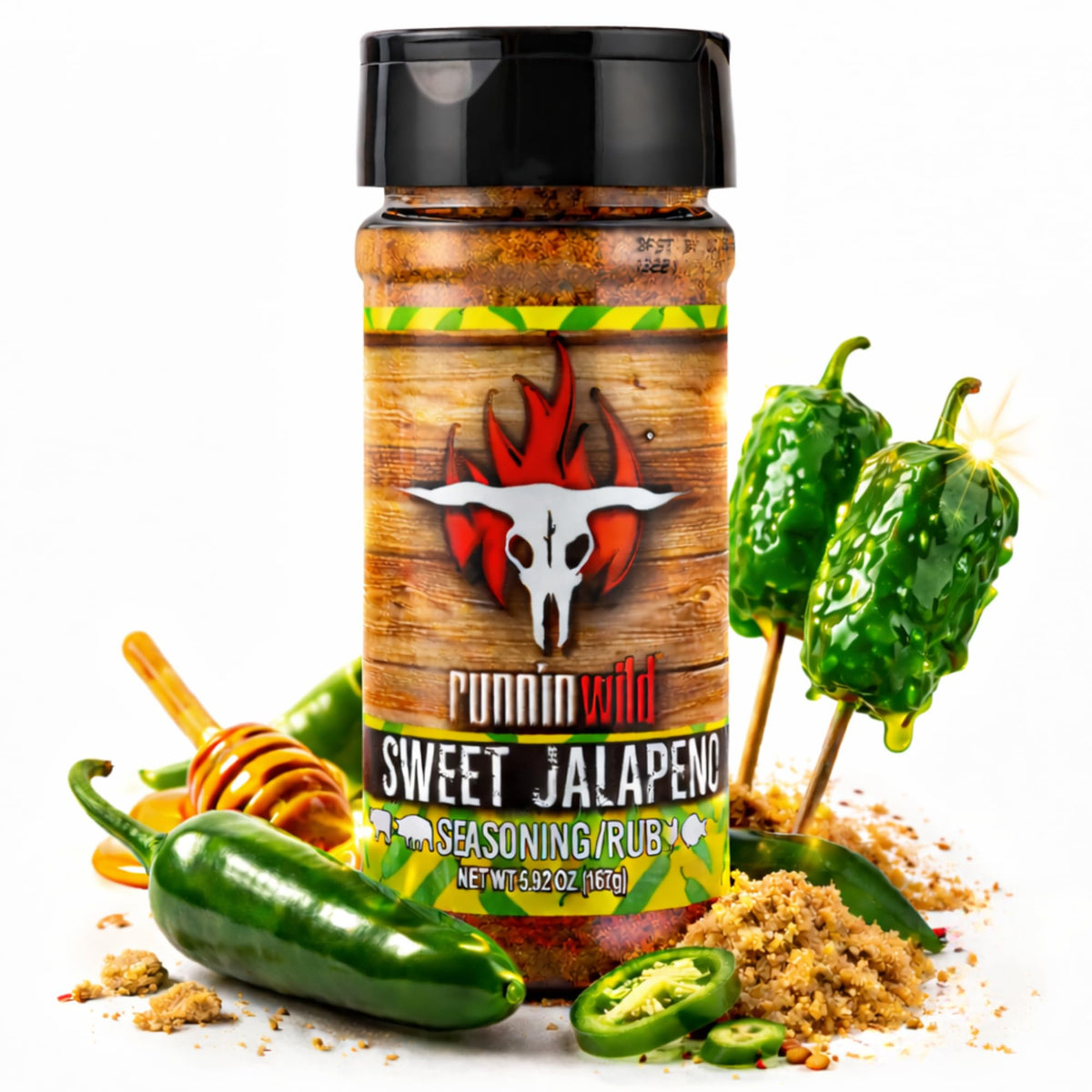 RunninWild Sweet Jalapeno Seasoning bottle front for bold grilling.