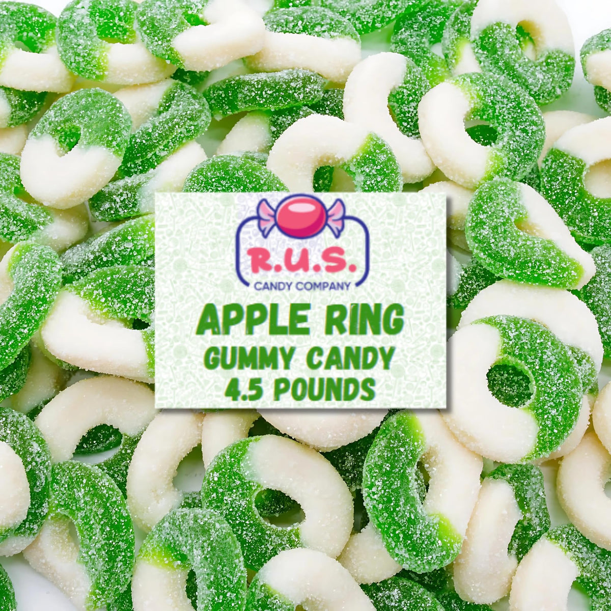 R.U.S. Candy Apple Ring Gummies bulk jar for party display and sharing.