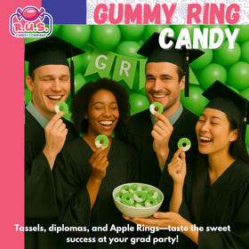 Closeup of soft, chewy Apple Ring Gummies from R.U.S. Candy.