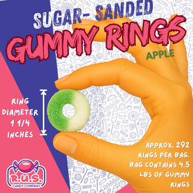 4.5 lb bulk bag of R.U.S. Candy Apple Ring Gummies in packaging.