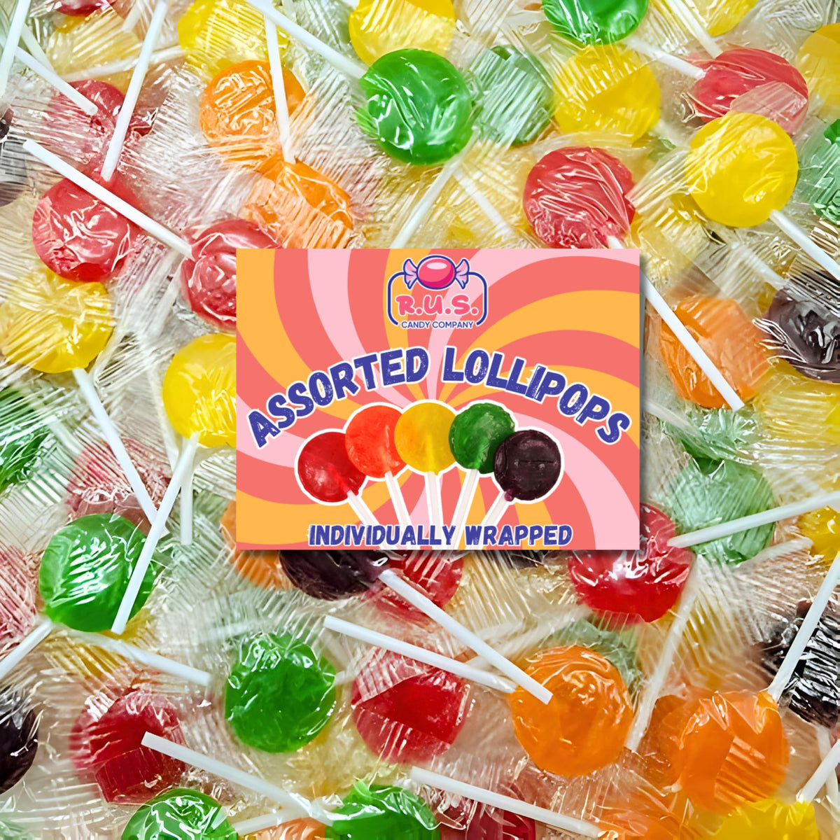 RUS Candy assorted fruit lollipops bulk 40-pack for party favors.