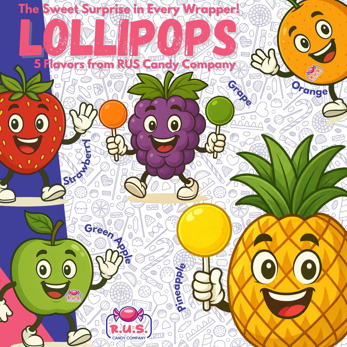 RUS Candy classic round lollipops with bright fruit flavors.