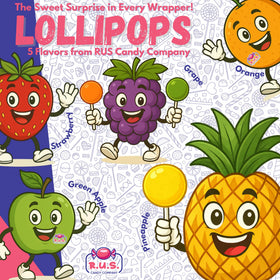 RUS Candy classic round lollipops with bright fruit flavors.