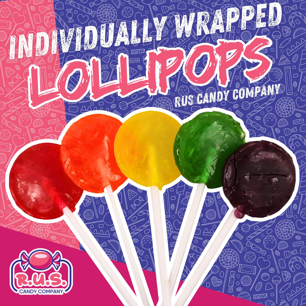 RUS Candy color-fruit lollipops in bulk, ideal for candy dishes.