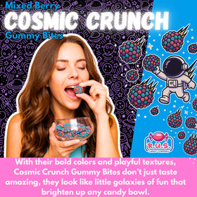 R.U.S. Candy Mixed Berry Gummy Clusters closeup shows chewy centers surrounded by crunchy candy bits.