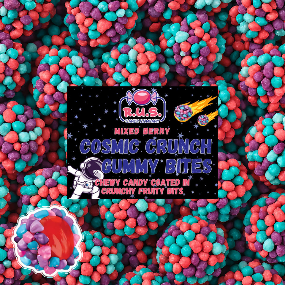R.U.S. Candy Mixed Berry Gummy Clusters pack shot, colorful bites for easy sharing at gatherings.