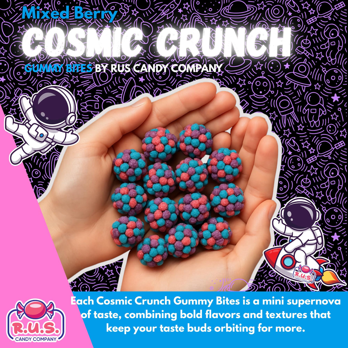 R.U.S. Candy Mixed Berry Gummy Clusters texture highlight with soft center and crisp coating.