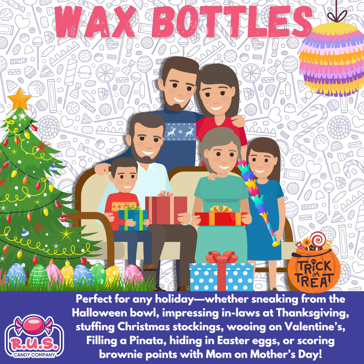 R.U.S. Candy wax bottles on a colorful party buffet.