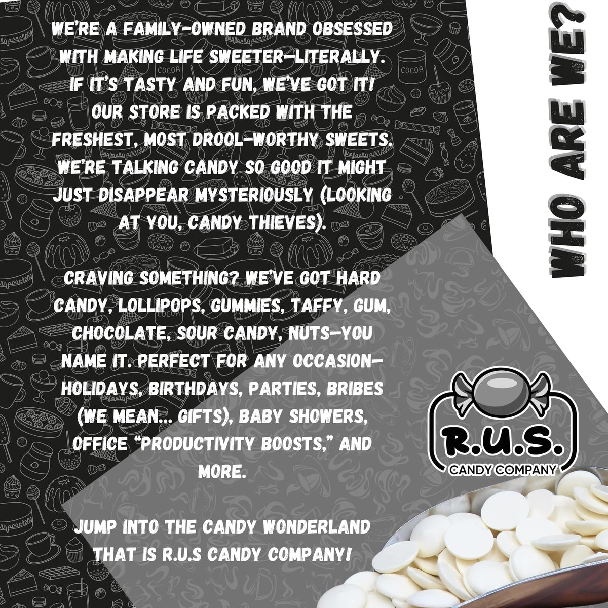 R.U.S. Candy party-ready melts for celebrations and favors.