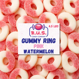RUS Candy Pink Watermelon Ring Gummies in a bulk bag for parties and sharing.