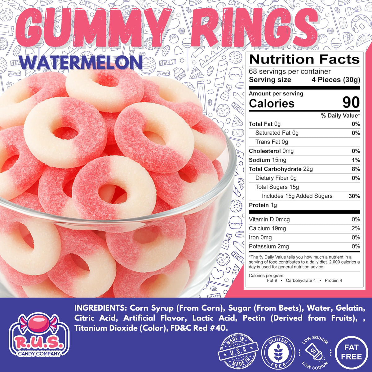RUS Candy Pink Watermelon Ring Gummies feature resealable packaging for easy storage.