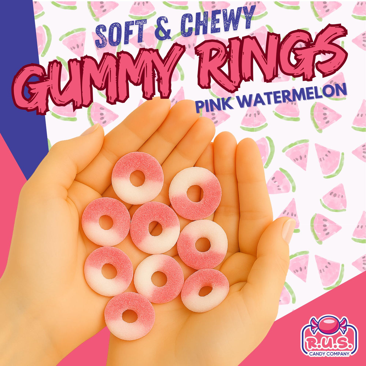 RUS Candy Pink Watermelon Ring Gummies deliver a fruity flavor for everyday treats.